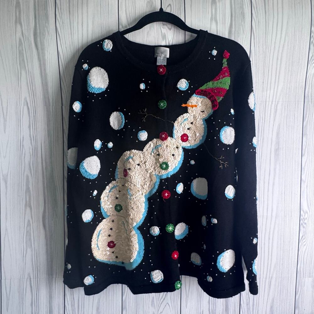 Vintage Berek Black White Snowman Button Sequin Christmas 1X Winter Retro Granny